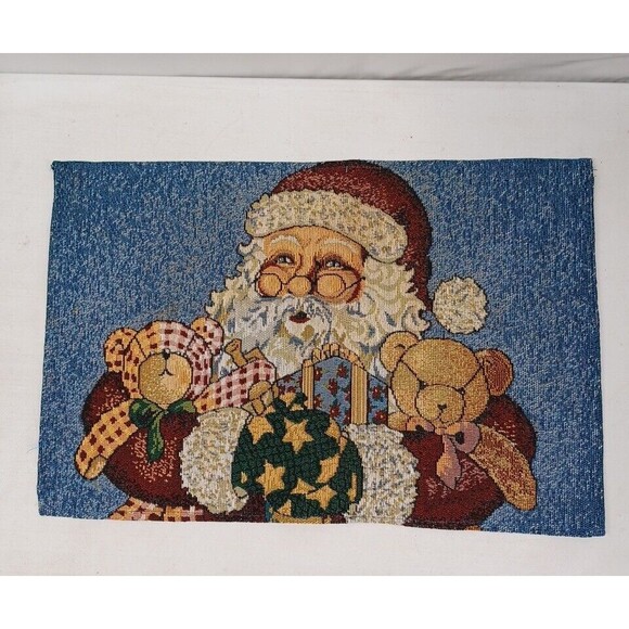 Vtg Christmas Santa Claus Teddy Bear Woven Tapestry Placemats Set of 4 - Picture 6 of 10